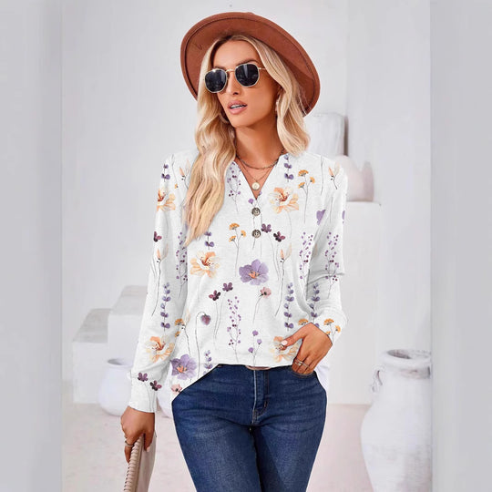 Damen Langarm-Bluse mit floralem Druck und Knopfleiste EB