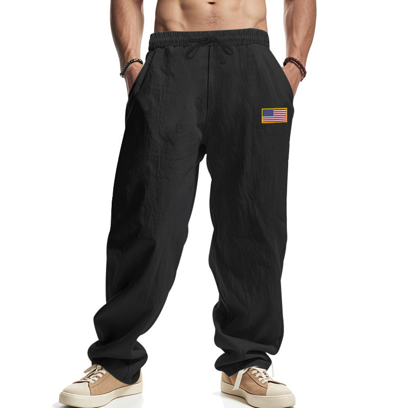 Herren nan lockere Baumwoll-Leinen Freizeithose mit elastischem Bund Kordelzug und dezenter Flaggen-Applikation EB