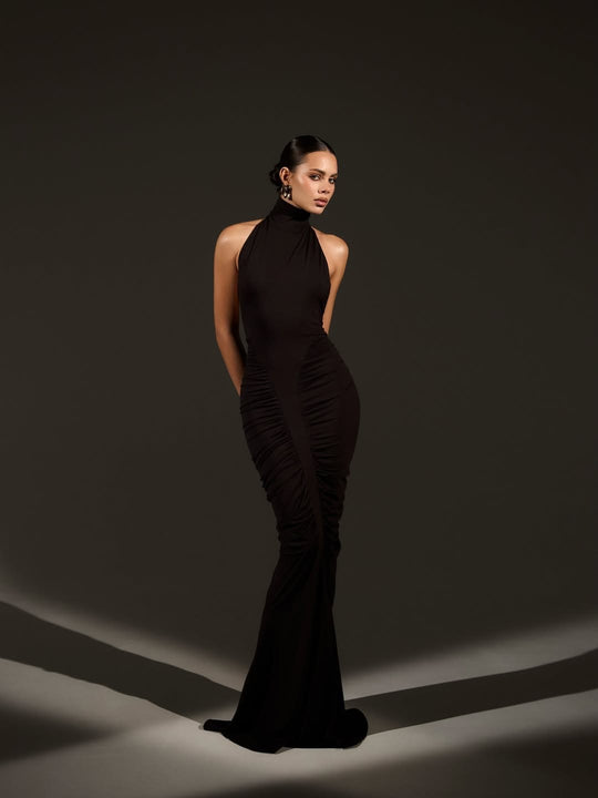 Damen Elegantes Leopardenmuster Maxikleid mit hohen Kragen und raffinierten Schnitten EB