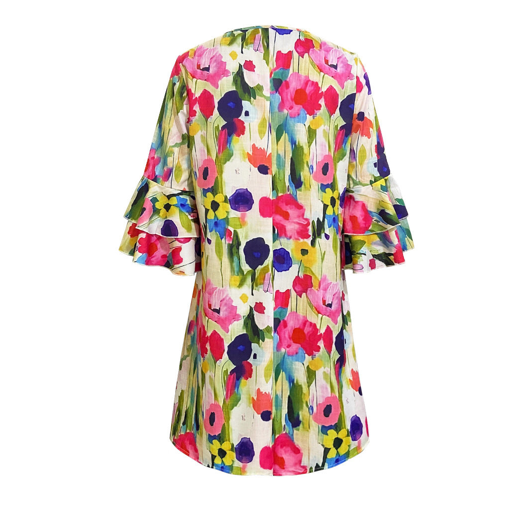 Damen Kurzes Kleid mit voluminösen Ärmeln und floralem Muster EB