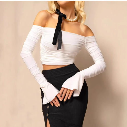 Damen Off-Shoulder Crop-Top mit langen Ärmeln und Rüschendetails