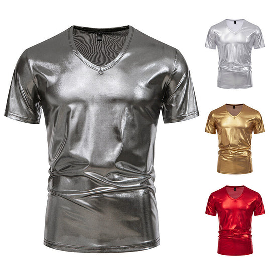 Herren V-Ausschnitt T-Shirt aus glänzendem Material mit persönlichem Stil EB