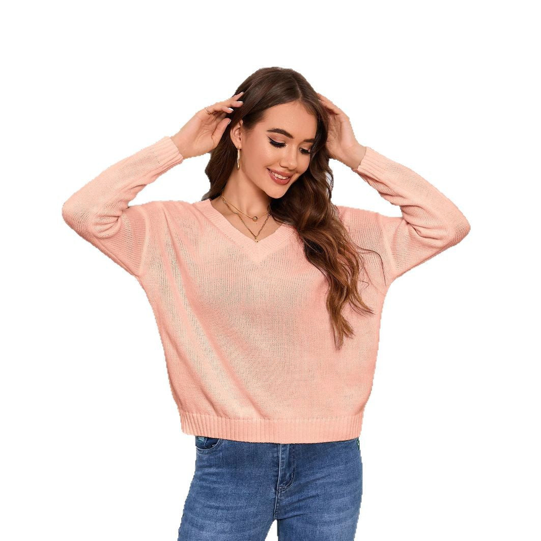 Damen V-Ausschnitt Strickpullover mit lässiger Passform und geripptem Saum EB