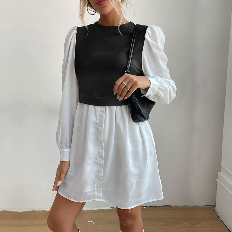 Damen modisches Hemdkleid mit eleganten Puffärmeln und knöpfbarem Vorderteil EB