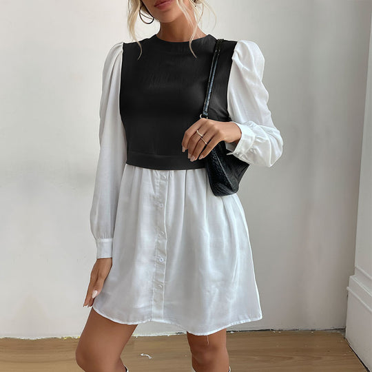 Damen Blusenkleid mit Puffärmeln und tailliertem Oberteil EB