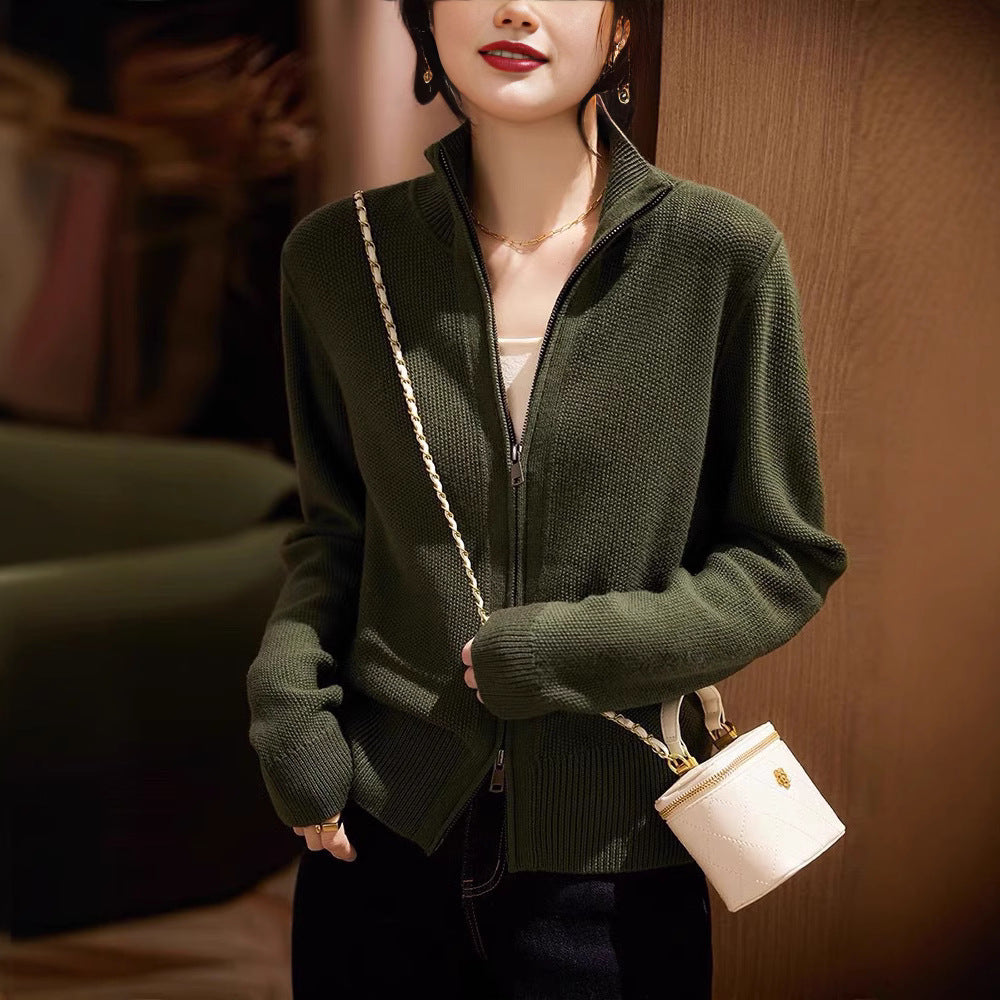 Damen Strickjacke mit hohem Kragen und durchgehendem Reißverschluss EB