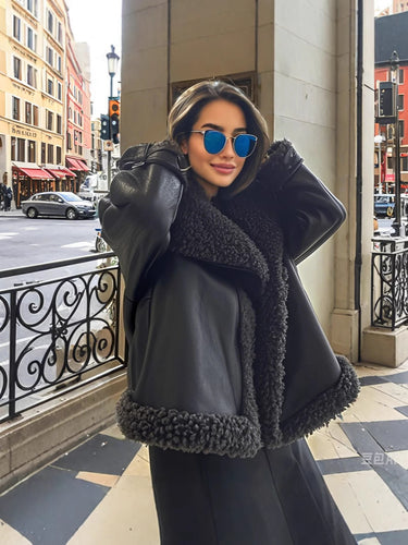 Damen Oversized Kunstlederjacke mit kuscheligem Futter EB