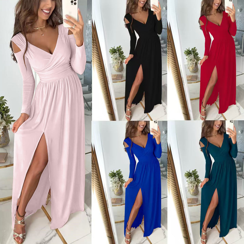 Damen elegantes Maxikleid mit tiefem V-Ausschnitt und praktischen Seitenschlitzen EB