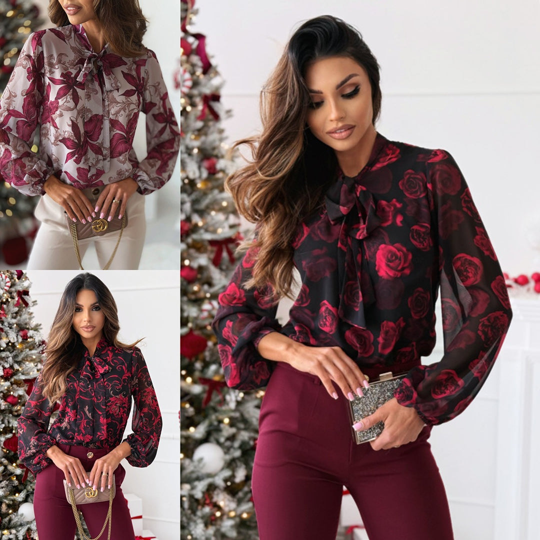 Damen Elegante Bluse mit Schleifenkragen und floralen Mustern EB