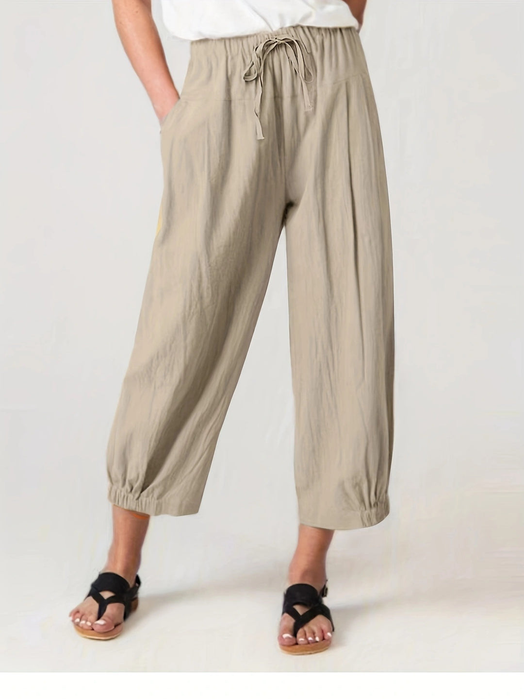 Damen lockere Leinenhose mit elastischem Bund und modernen Raffungen EB