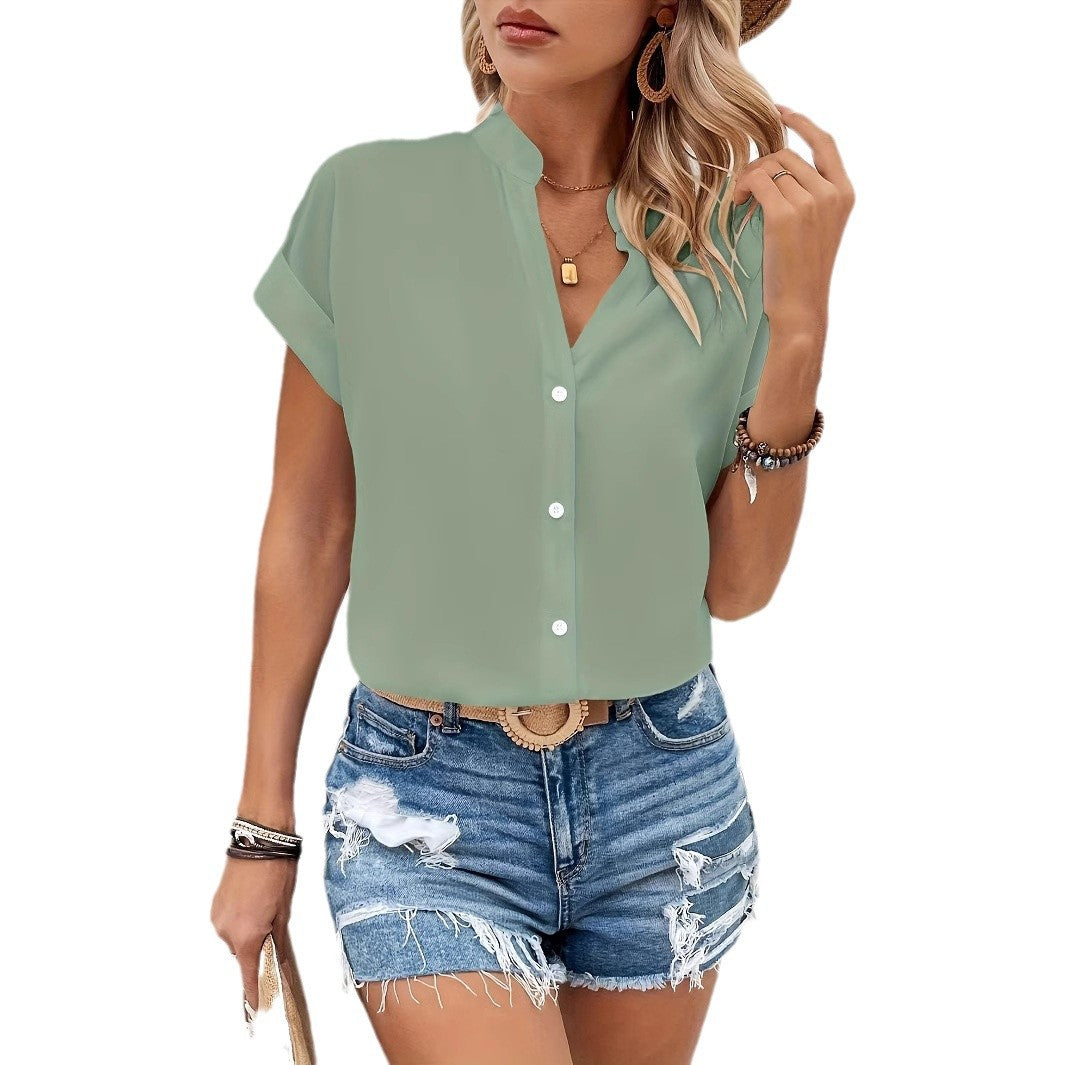 Damen Kurze Bluse mit Stehkragen und Knopfverschluss EB