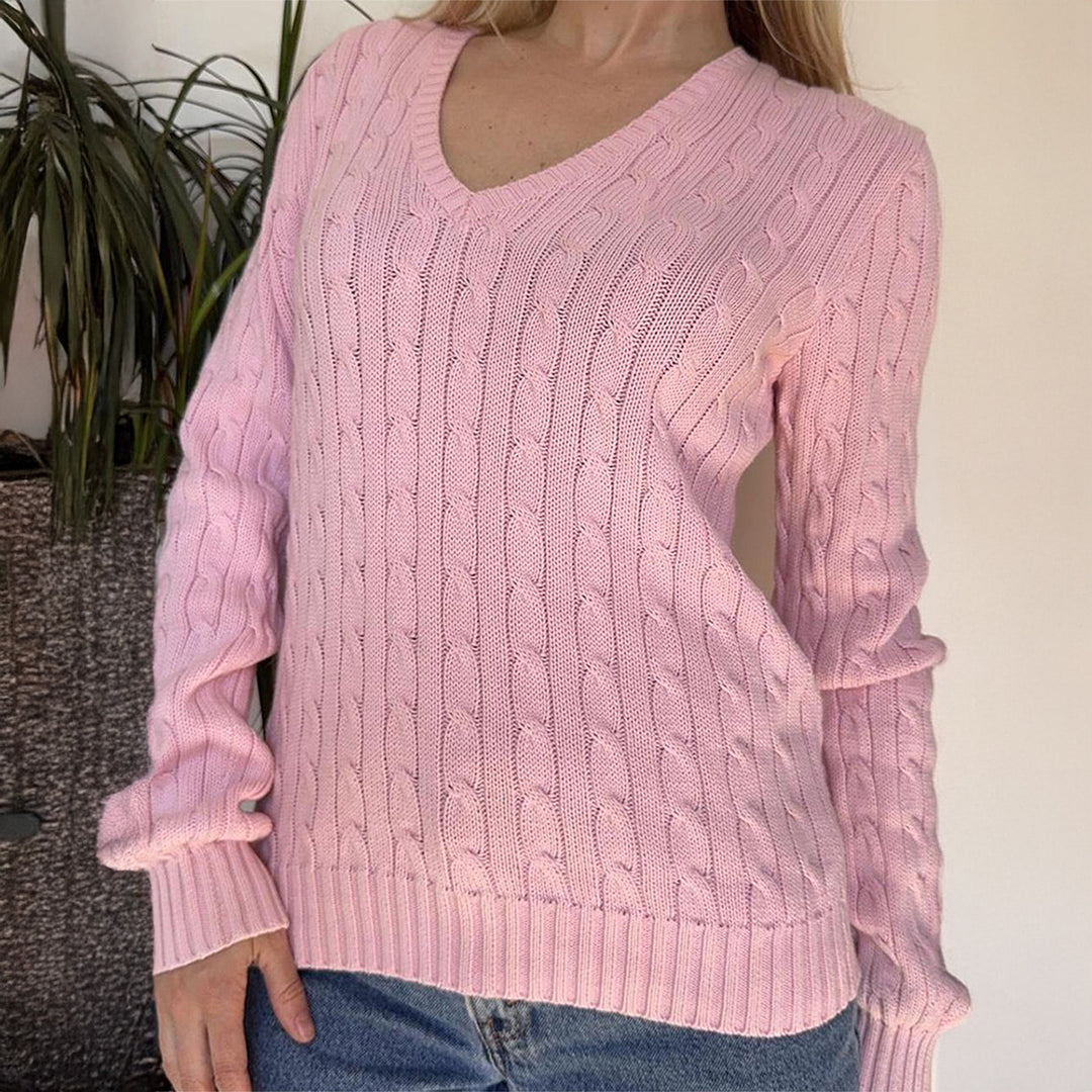 Damen nan Premium-Baumwollmix Zopfstrickpullover mit tiefem V-Ausschnitt und taillierter Silhouette EB