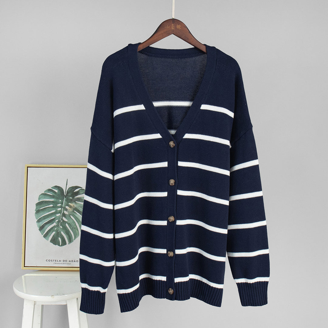 Damen Strickcardigan mit V-Ausschnitt und groben Streifen EB