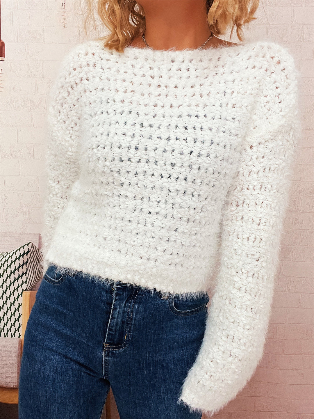 Damen kuscheliger Strickpullover mit auffälligem Flauschdesign und weitem Schnitt EB