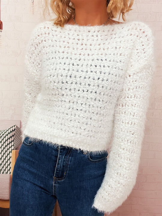 Damen kuscheliger Strickpullover mit auffälligem Flauschdesign und weitem Schnitt EB