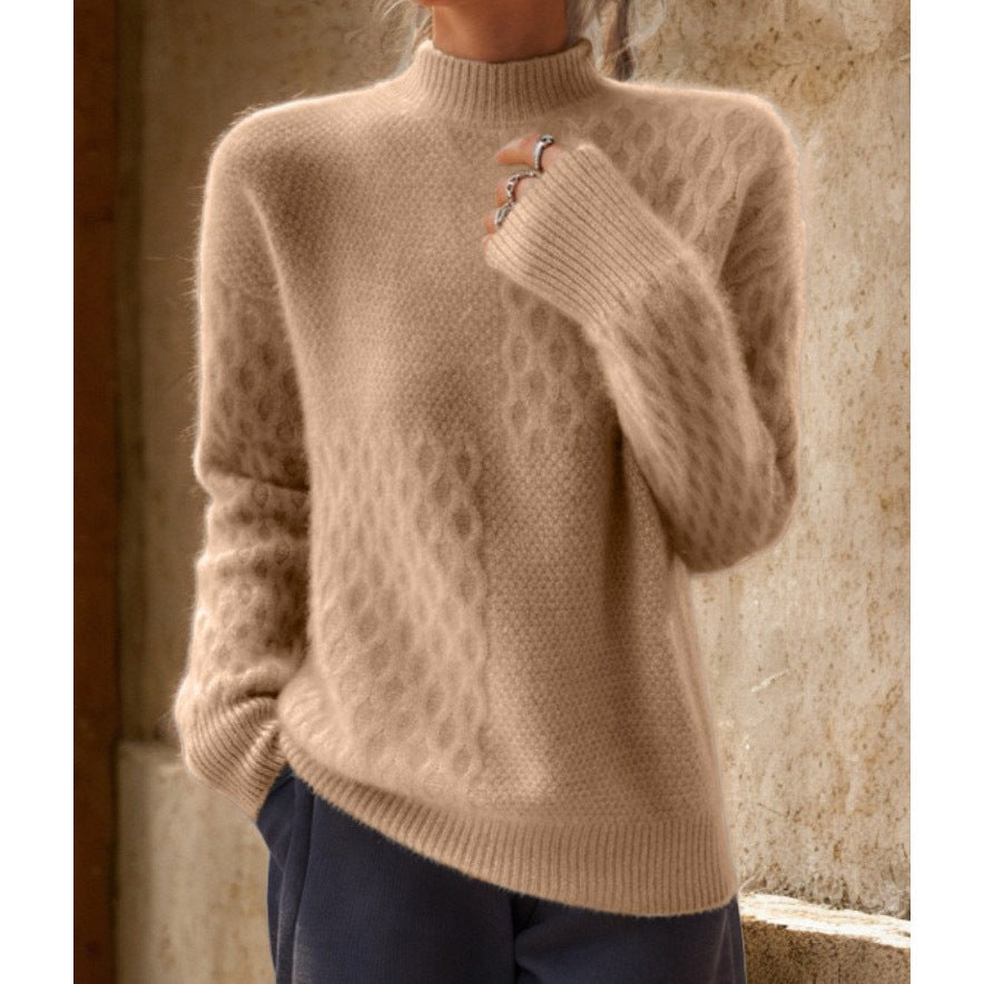 Damen nan lässiger Mohair-Mix Feinstrickpullover mit Strukturmix, Stehkragen und überschnittenen Schultern EB