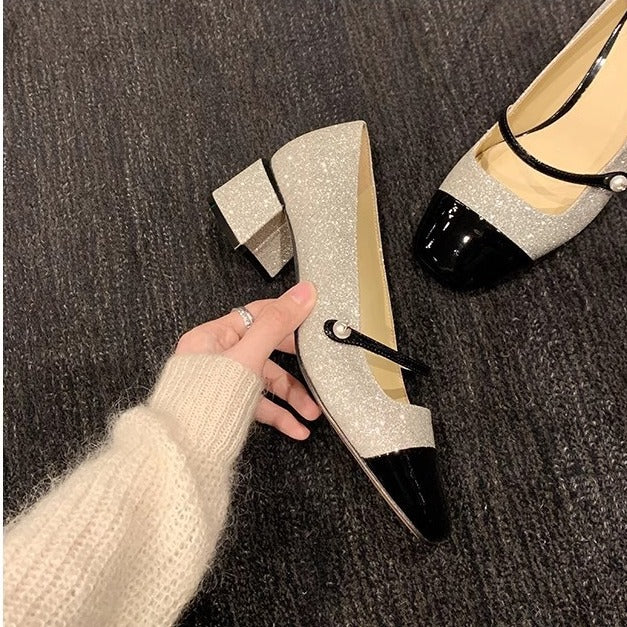 Damen Elegante Glitzer-Pumps mit doppeltem Riemchen und komfortablem Blockabsatz EB