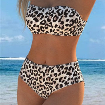 Damen Bandeau-Bikini mit hohem Taillenschnitt und stilvollem Leopardenmuster EB