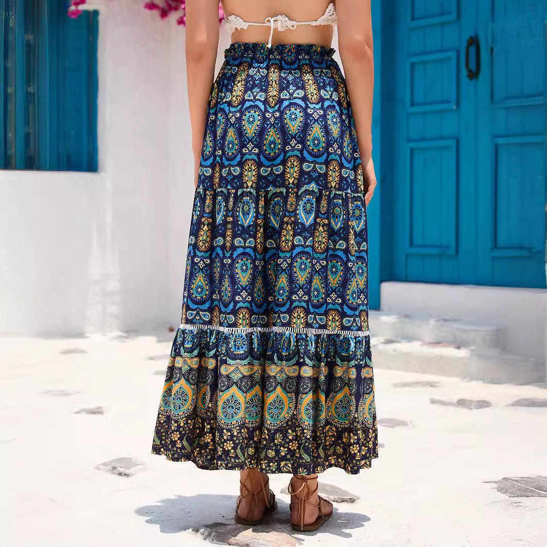 Damen nan Maxirock im Boho‑Stil mit Stufen, gerafftem Elastikbund und Paisley‑Print EB
