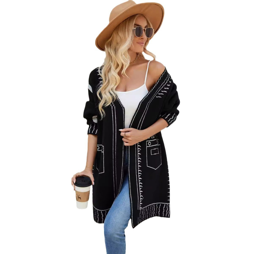 Damen Langarm Cardigan mit grafischem Design und praktischen Taschen EB