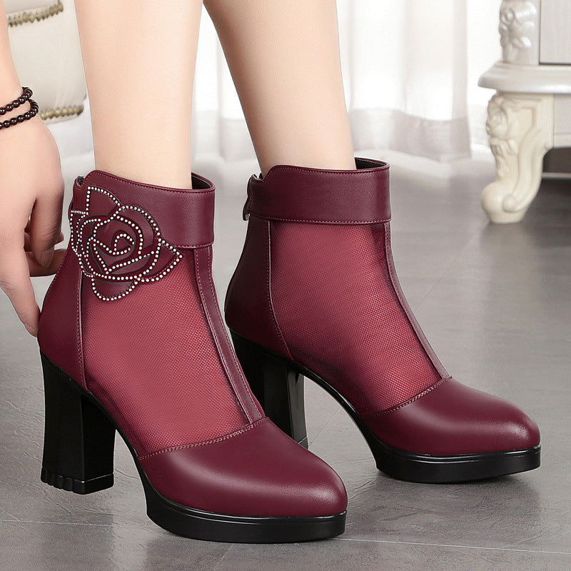 Damen Elegante Stiefeletten mit modischem Mesh-Einsatz und dekorativem Rosendesign EB