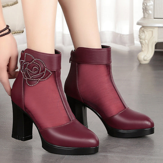Damen Elegante Stiefeletten mit modischem Mesh-Einsatz und dekorativem Rosendesign EB