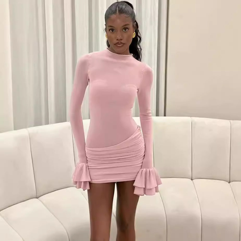 Damen figurbetontes Minikleid mit voluminösen Ärmeln und Raffung EB