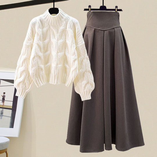 EB - Schickes Herbst Strickpullover & Plissee Rock Set für Damen
