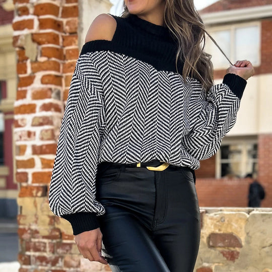 Damen Strickpullover mit Schulterfreiem Design und Stilvollem Zickzackmuster EB