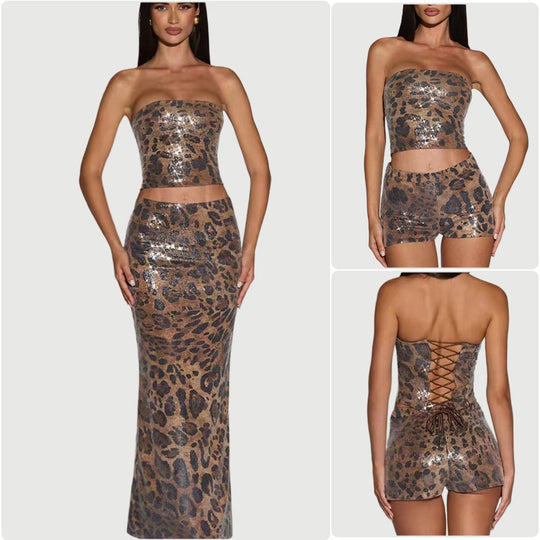 Damen Crop-Top und Shortset im Leopardenmuster mit glitzernden Akzenten EB