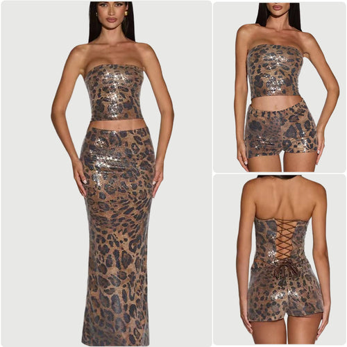 Damen Crop-Top und Shortset im Leopardenmuster mit glitzernden Akzenten EB