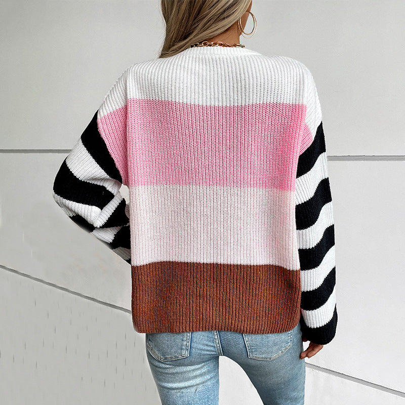 Damen modischer Pullover mit lässigem Streifenmuster und weitem Schnitt EB