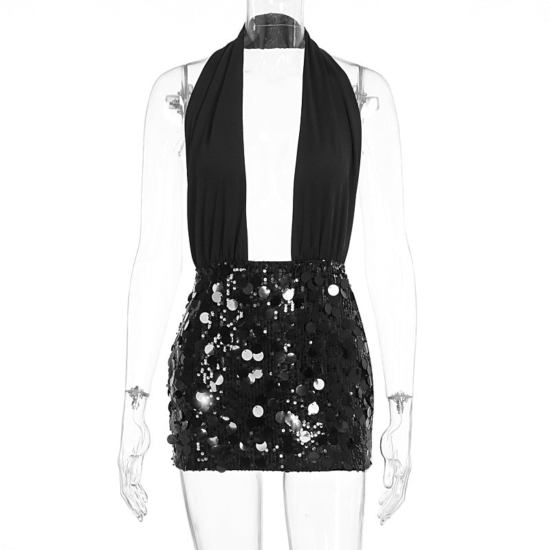 Damen Glamouröses Minikleid mit schimmerndem Paillettenrock EB
