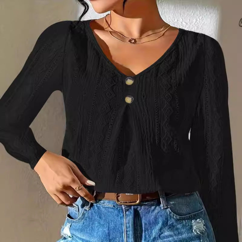 Damen Langarmshirt mit tiefem V-Ausschnitt und dekorativen Knöpfen EB