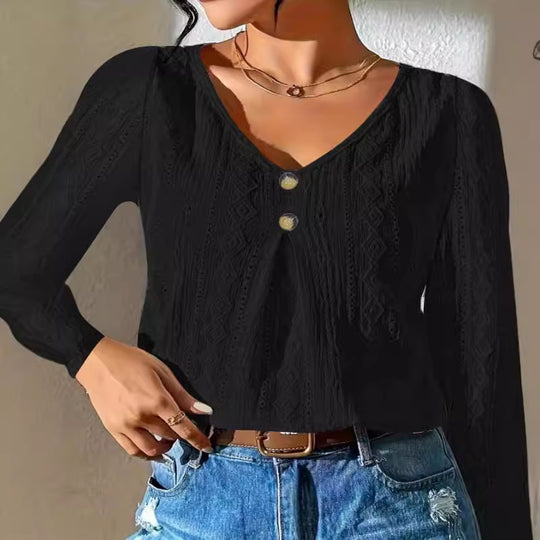 Damen Langarmshirt mit tiefem V-Ausschnitt und dekorativen Knöpfen EB
