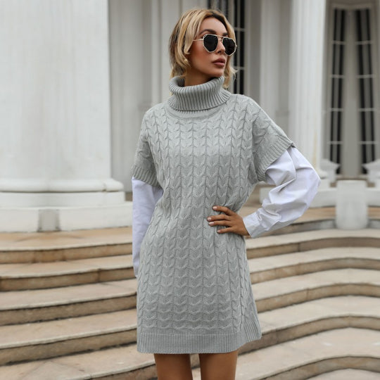 Damen Strickkleid mit hohem Kragen und modernen Schnittdetails EB