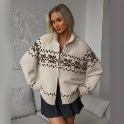 Damen Grobstrickjacke mit folkloristischem Muster und offenem Schnitt EB