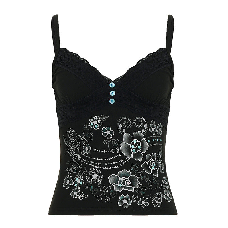 Damen Spitzentop mit floralem Design und dekorativen Knöpfen EB