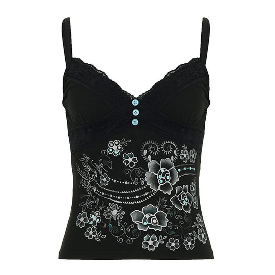 Damen Spitzentop mit floralem Design und dekorativen Knöpfen EB
