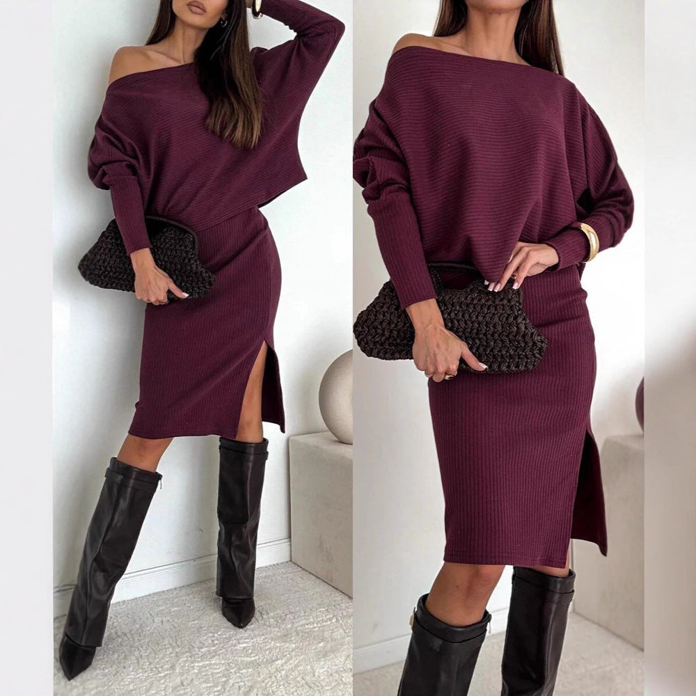 Damen Zweisitiges geripptes Strick-Set mit Off-Shoulder-Oversize-Pullover und tailliertem Midirock mit Seitenschlitz EB