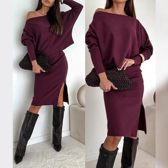 Damen Zweisitiges geripptes Strick-Set mit Off-Shoulder-Oversize-Pullover und tailliertem Midirock mit Seitenschlitz EB