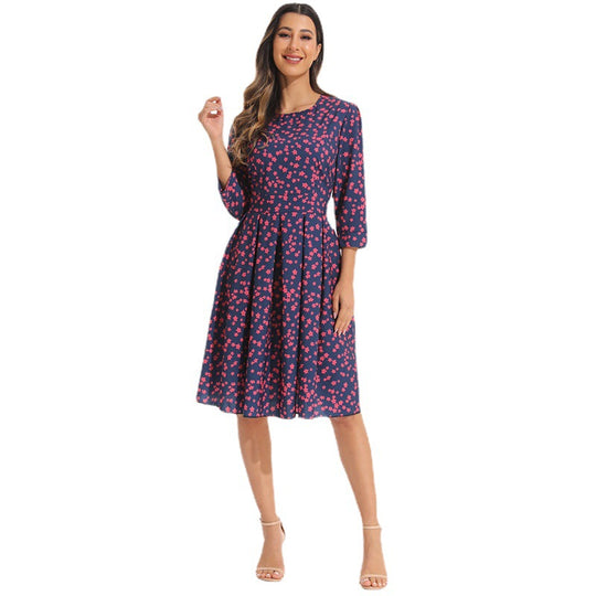 Damen elegantes Midikleid mit floralem Muster und schwingendem Rock EB