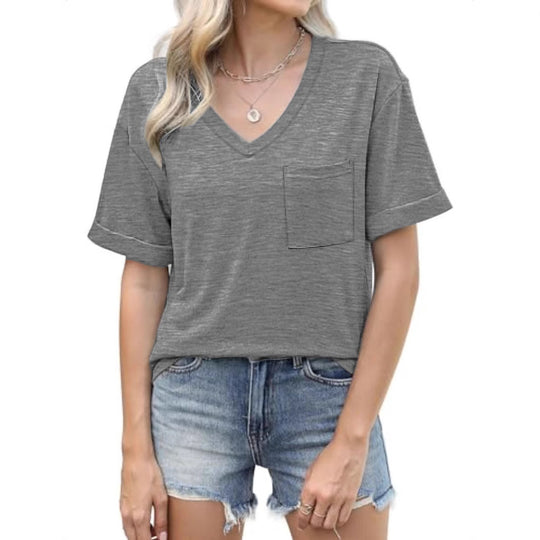 Damen Viskose V-Ausschnitt T-Shirt mit Brusttasche und lässigem Schnitt EB