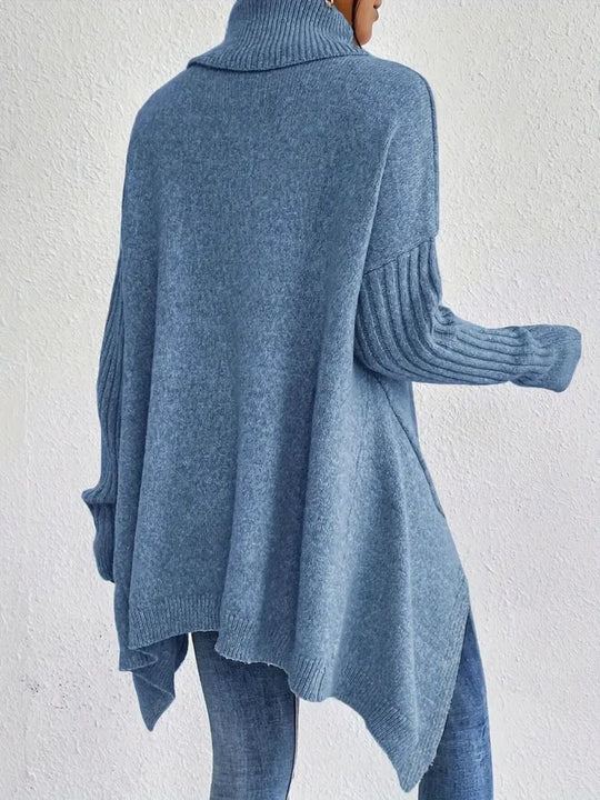 EB | Rollkragenpullover Übergröße Passform Wollstrick Asymmetrischer Saum Gerippte Ärmel