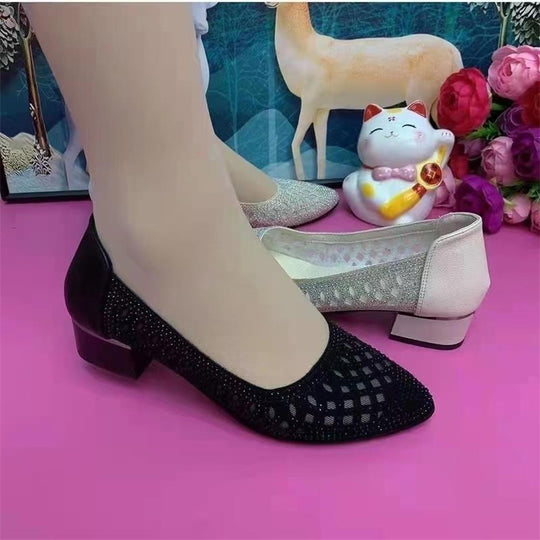Damen elegante Ballerinas mit funkelndem Strass und komfortablem Blockabsatz EB