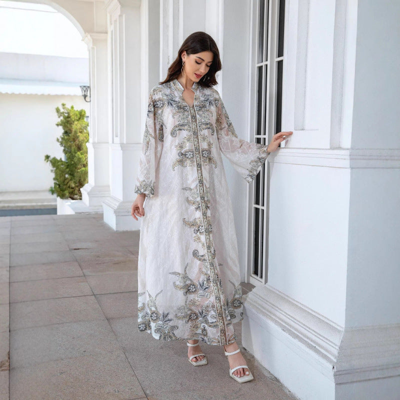 Damen Elegante Kaftan mit floralem Design und transparenten Ärmeln EB
