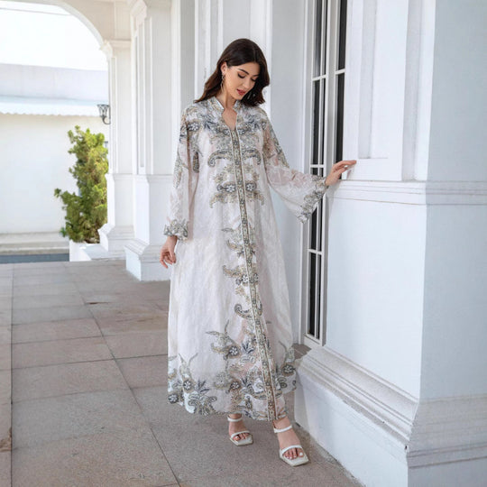 Damen Elegante Kaftan mit floralem Design und transparenten Ärmeln EB