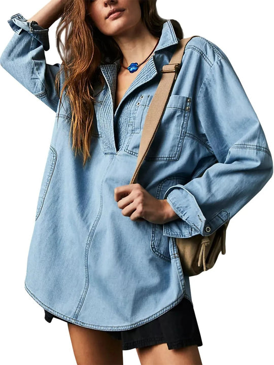 Damen Denim-Shirt mit detailreicher Steppung und lässigem Schnitt EB