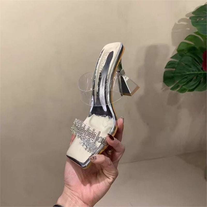 Damen elegante High Heel Sandalen mit transparentem Riemendesign und funkelnden Strassakzenten EB