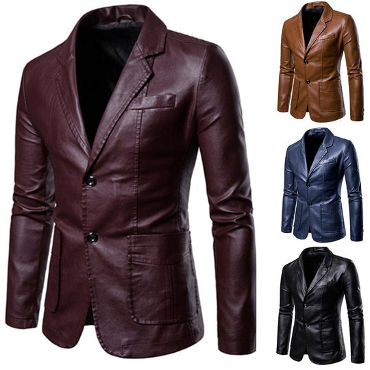 Herren nan schlanker Lederblazer mit Reverskragen und aufgesetzten Taschen EB